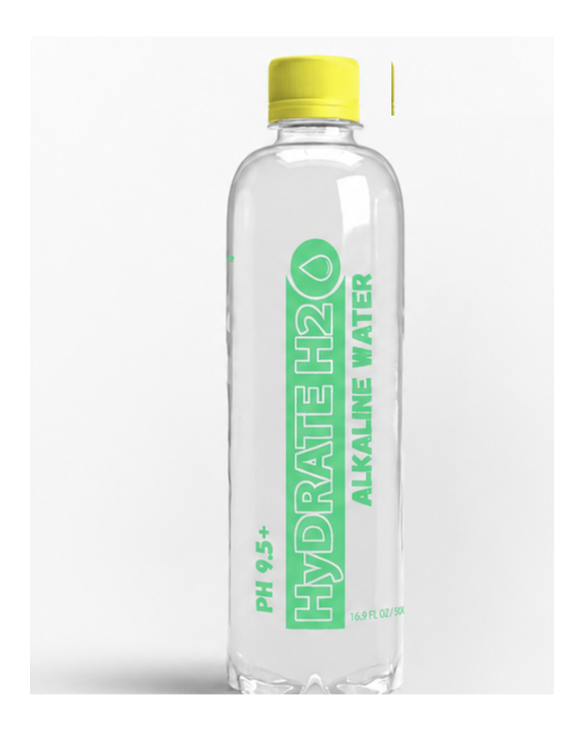 Hydrate H2O alkaline water bottle with green branding and yellow cap