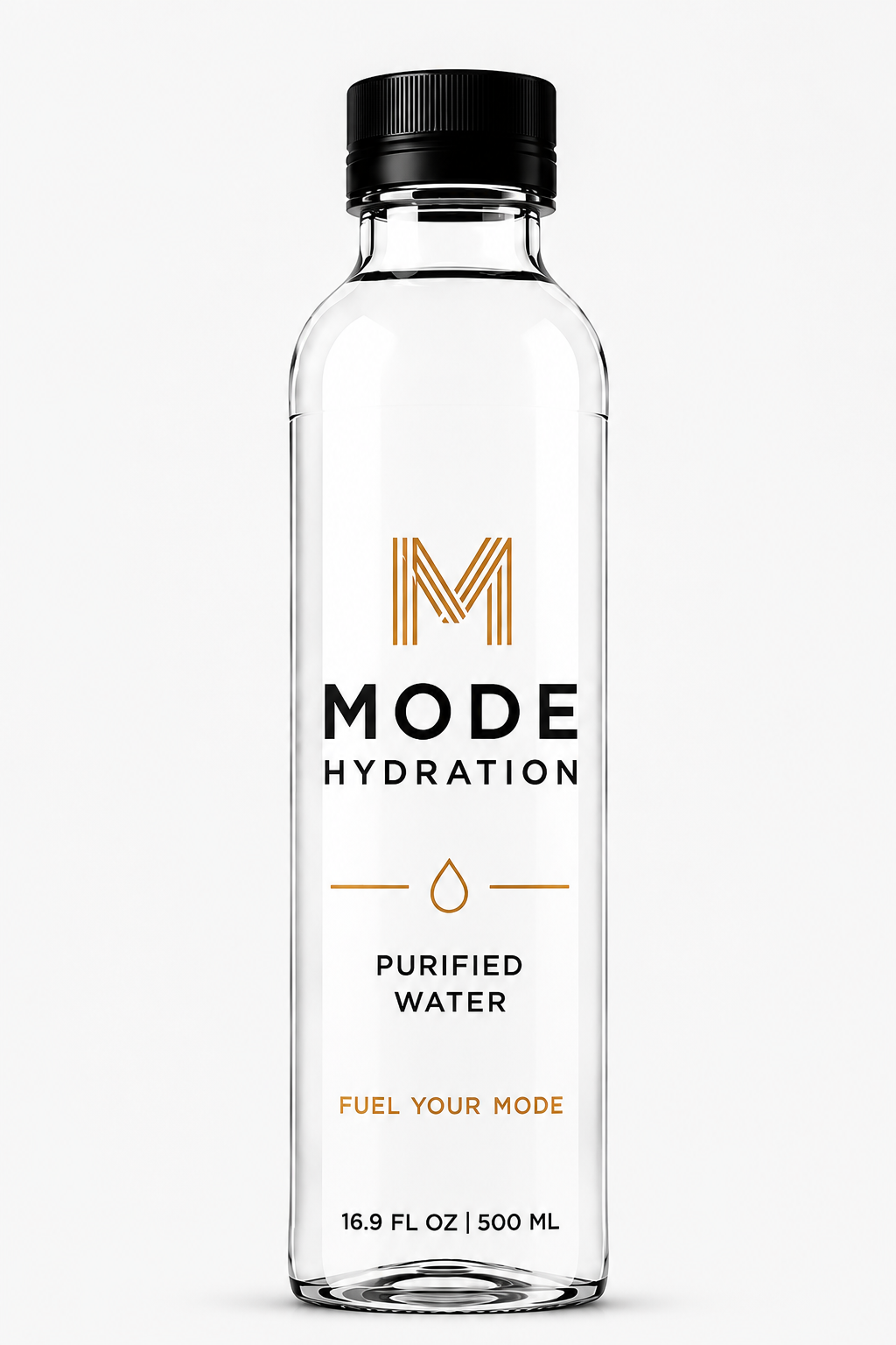 MODE Hydration purified water bottle with premium black cap and black-and-gold branding.